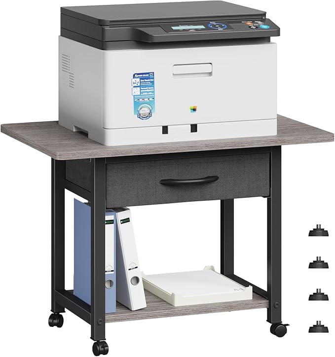 22"x15" Large Printer Stand with Storage Drawer, 2-Tier Under Desk Printer Table for Home Office, Printer Cart fit Fax Machine/3D Printer/Scanner(Gray)-DeskLoop Office
