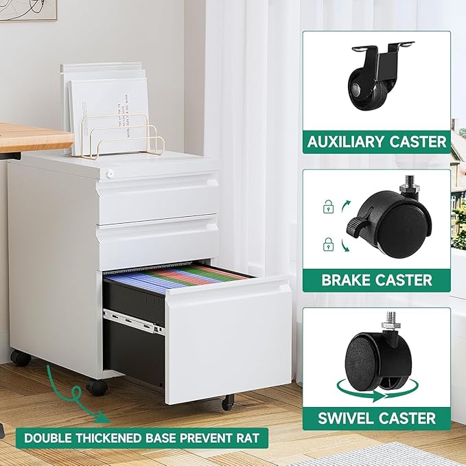 Letaya 3 Drawer Mobile File Cabinet with Lock, Under Desk Metal Rolling Filing Cabinets for Home Office Organizer Letters/Legal/A4 (White- Requires Installation) (White)-DeskLoop Office