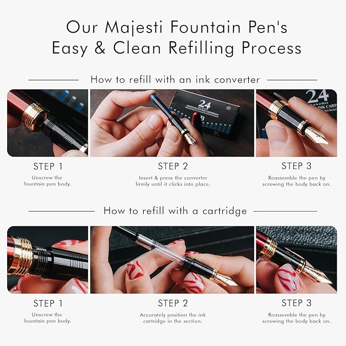 Wordsworth & Black Majesti Fountain Pen-(Checked), Luxury Case, Chrome Finish; Fine Nib- Ink Cartridges, Refillable Ink Converter-Calligraphy Pen-Best Business Gift Set for Men & Women-DeskLoop Office