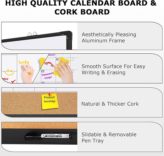 EAONE 36x24 in Double Side Whiteboard Calendar & Cork Board Combo for Wall, 3 in 1 Magnetic Dry Erase Whiteboard Monthly Calendar and Bulletin Board with Aluminum Frame for Home Office Kitchen-DeskLoop Office