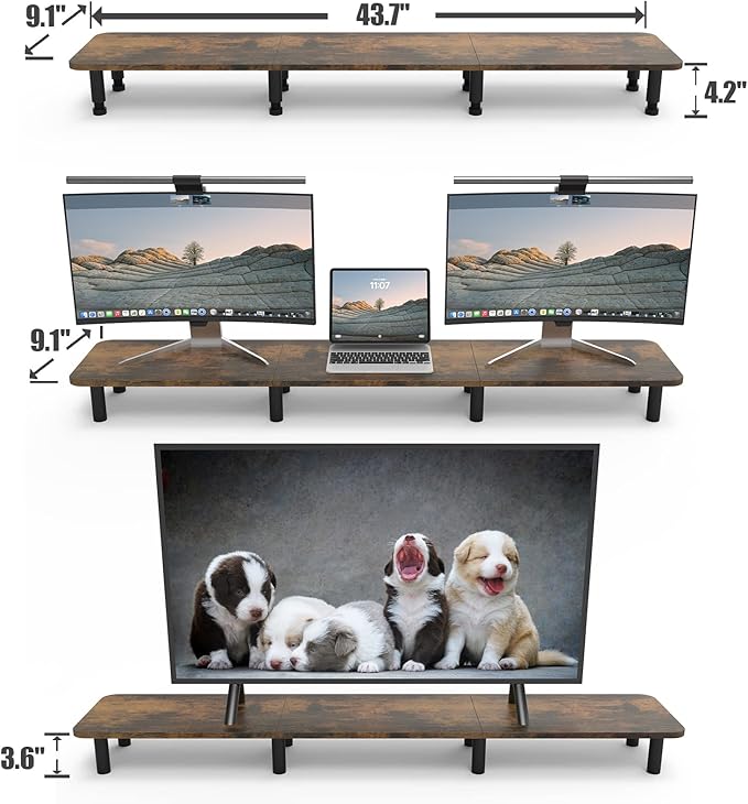 Dual Monitor Stand - 43.7 inch Extra Long Wide TV Stand - Wood & Steel Leg Desktop Riser - Desk Organization - Home Office (Vintage)-DeskLoop Office