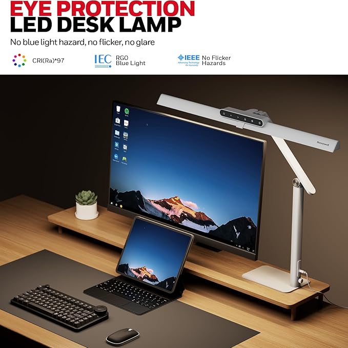 Honeywell LED Desk Lamp with Base - HJ1WT Sunturalux Eye-Caring Architect Desk Lamp for Home Office, 1200LM Computer Desk Light 4 Color Modes Stepless Dimming Task Desk Light with Timer Function White-DeskLoop Office