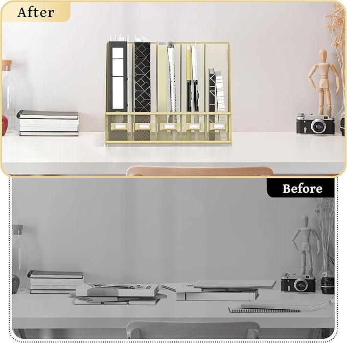 SUPEASY Desk Organizers Metal Desk Magazine File Holder with 5 Vertical Compartments Rack File Organizer for Office Desktop, Home Workspace, Golden Yellow, Plus-DeskLoop Office