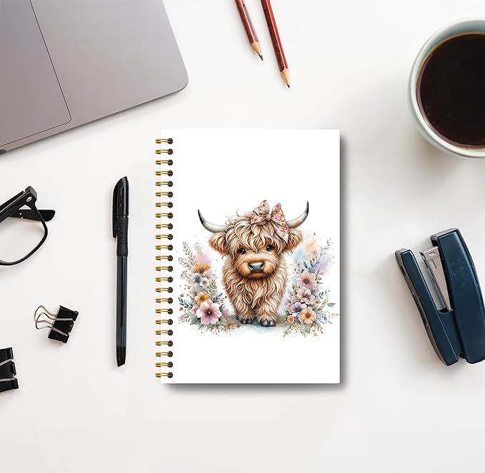 Floral Highland Cow Notebook - Western Notebook, Cow Notebook, Highland Cow Office Supplies, Highland Cow Gifts, Cute Highland Cow Stuff, Farmhouse Highland Cows Spiral Notebook 5.5x8.3-DeskLoop Office