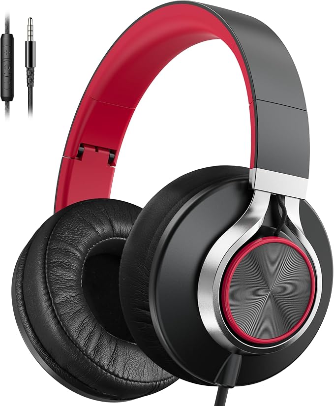 AILIHEN Wired Headphones with Microphone, Over-Ear Foldable Corded Head Phones with Volume Control 3.5mm Jack for Teens Adult Smartphones Chromebook (Red)-DeskLoop Office