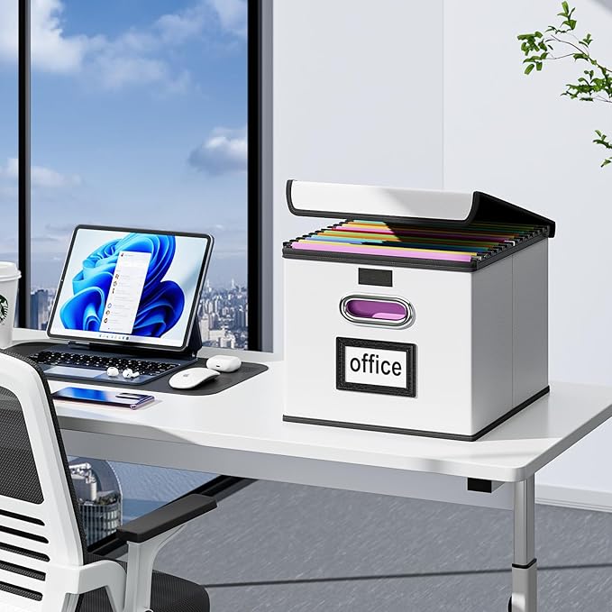 Huolewa Portable Leather File Organizer Boxes with Lids, Office Document Boxes Organizer, Filing Boxes, Decorative Small File Boxes for Hanging Files, File Cabinet for Office/Home - 4 Pack-DeskLoop Office