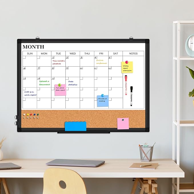 Monthly Calendar Whiteboard Dry Erase Cork Board Combo for Wall, 36" x 24" Magnetic Double-Sided Calendar White Board and Bulletin Board, Portable Board for Office, Kitchen, School, Home-DeskLoop Office