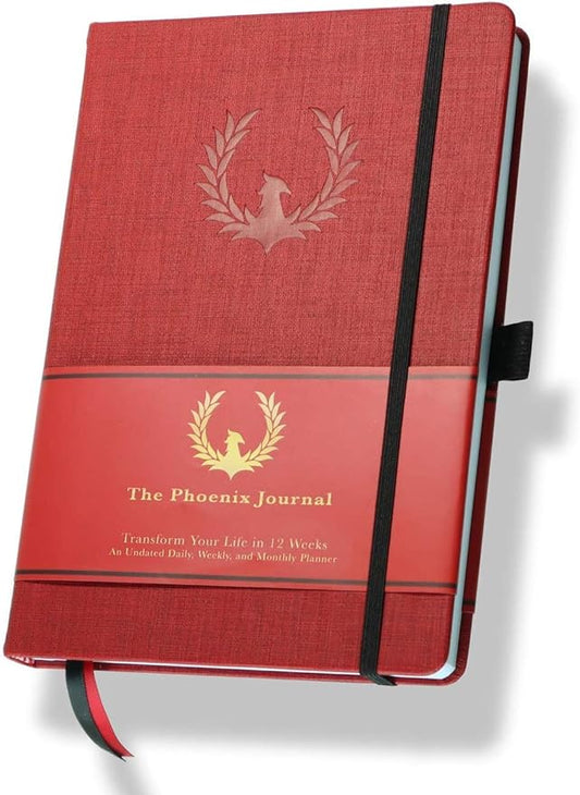The Phoenix Journal - Best Daily Goal Planner, Organizer, & Calendar for Goal Setting, Gratitude, Happiness, & Productivity - Vision Board & Habit Tracking - 12 Weeks, Undated, Hardcover (Crimson)-DeskLoop Office