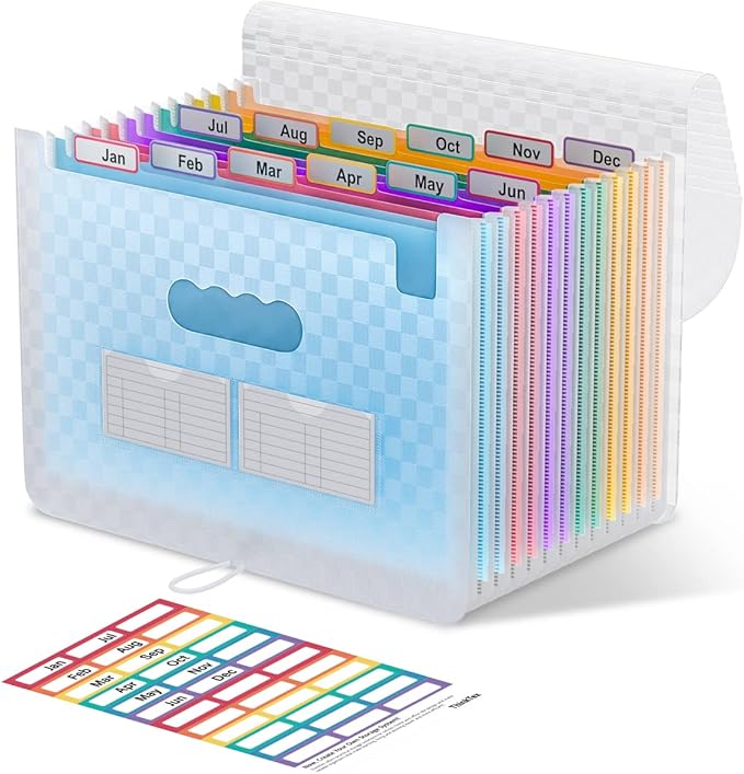 ThinkTex Accordion File Organizer, 12 - Pocket Expanding File Folders for Paper Receipts, Bills&Taxes Organizer, Letter/A4 Size Document Holder for School, Office, Home with Colorful tabs- Blue-DeskLoop Office