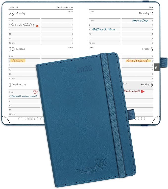 POPRUN Pocket Calendar 2026 (Small Size- 4'' x 6.25") Weekly and Monthly for Purse - Planner 2026 (Jan. 2026 - Dec. 2026) with Vegan Leather Soft Cover, Plastic Ruler, Pen Holder and More - Night Sky Blue-DeskLoop Office