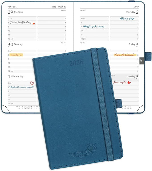 POPRUN Pocket Calendar 2026 (Small Size- 4'' x 6.25") Weekly and Monthly for Purse - Planner 2026 (Jan. 2026 - Dec. 2026) with Vegan Leather Soft Cover, Plastic Ruler, Pen Holder and More - Night Sky Blue-DeskLoop Office