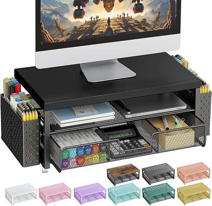 gianotter Wood Monitor Stand Riser, Office Desk Shelf Organizer, Desk Organizer with Drawer and Pen Holder, 2-Tier Computer Stand, Office Organization (Ink)-DeskLoop Office