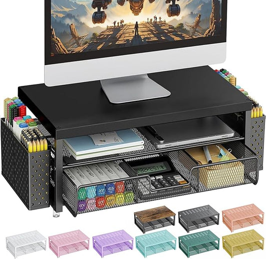 gianotter Wood Monitor Stand Riser, Office Desk Shelf Organizer, Desk Organizer with Drawer and Pen Holder, 2-Tier Computer Stand, Office Organization (Ink)-DeskLoop Office