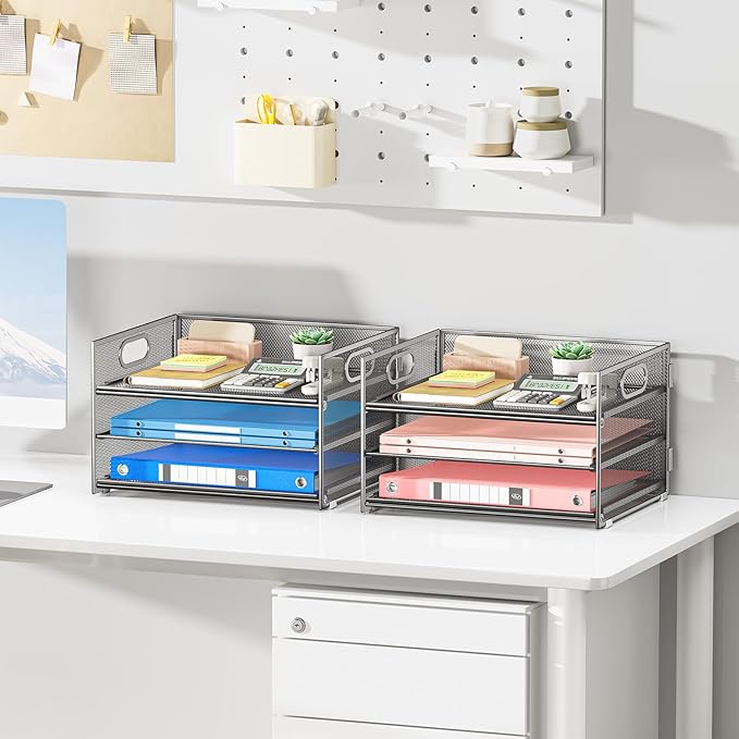 Subekyu 2-Pack 3-Tier Silver Metal Mesh Desk Paper Letter Tray & File Sorter Organizer with Handle + 1 Sliding Tray for Desk, Home, Office, School Supplies, A4 Paper and Accessories Storage-DeskLoop Office