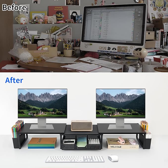 Desk Dual Monitor Stand Riser - Desk Organizer with Drawer and Pen Holders, Office Desk Accessories & Workspace Organization, Computer Monitor Stand for Laptop, Printer, TV(BLACK)-DeskLoop Office