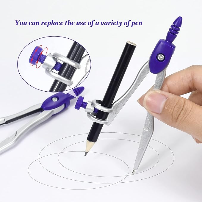 Math Geometry Kit Sets 10 Piece Student Supplies with Shatterproof Storage Box,Includes Rulers,Protractor,Compass,Eraser,Pencil Sharpener,Lead Refills,Pencil,for Drafting(Purple)-DeskLoop Office