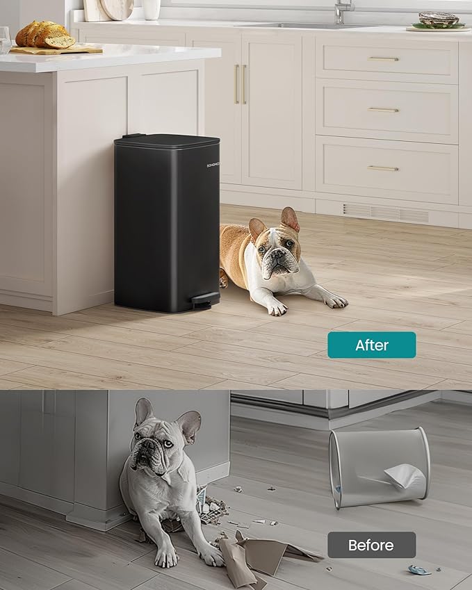 SONGMICS Kitchen Trash Can, 8-Gallon (30 L) Trash Bin, Stainless Steel Garbage Can, with Inner Bucket, Soft Close and Stays Open, Ink Black ULTB593B01-DeskLoop Office