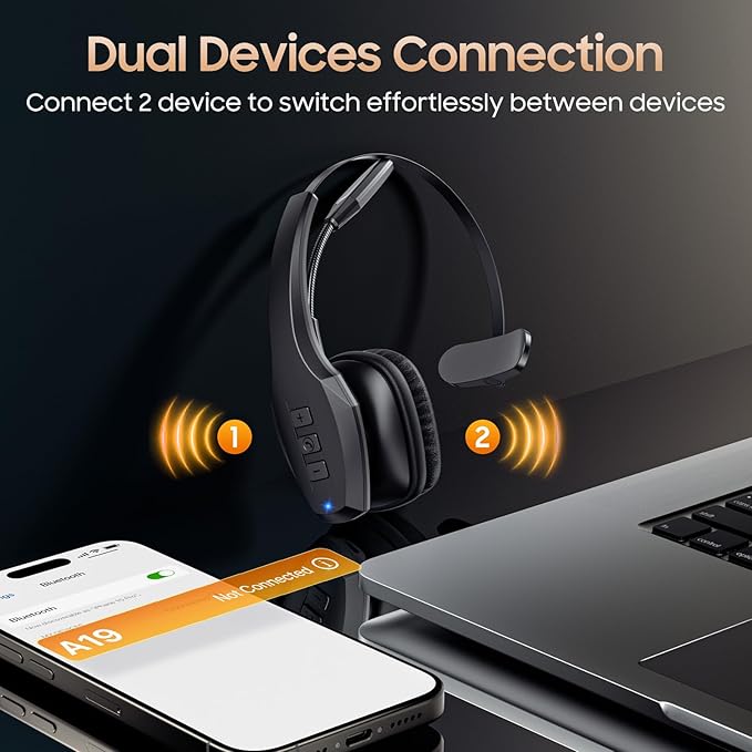 Trucker Bluetooth Headset, Wireless Headset with Mic, Bluetooth Headsets with Dual Noise Cancelling Microphone & Mute Button, 55Hrs Working Time PC Headsets for Cell Phones, Computer, Truck Driver-DeskLoop Office