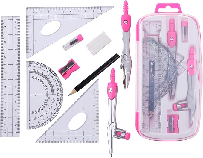 Math Geometry Kit Sets 10 Piece Student Supplies with Shatterproof Storage Box,Includes Rulers,Protractor,Compass,Eraser,Pencil Sharpener,Lead Refills,Pencil,for Drafting and Drawings(Pink)-DeskLoop Office
