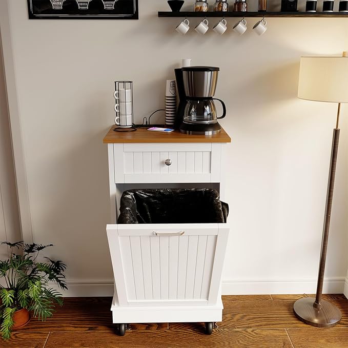10 Gallon Tilt Out Trash Cabinet, Wooden Kitchen Trash Can Cabinet with Hideaway Drawer, Freestanding Laundry Hamper Garbage Recycling Cabinet on Wheels, Pet Proof, Single, White-DeskLoop Office