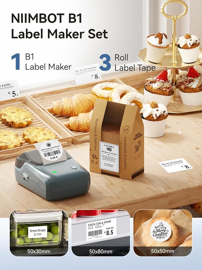 NIIMBOT B1 Label Maker, Bluetooth Portable Thermal Printer Machine with Large Waterproof Tape and Multiple Templates for Small Business,Office,Home,School, 2 Inch (Blue, 1 Printer+3 Roll Label)-DeskLoop Office