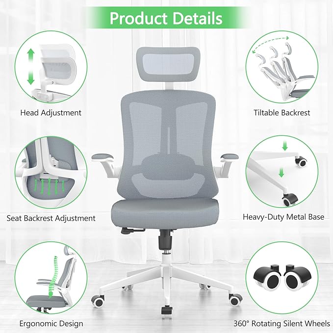 Mesh Office Executive Chair High Back Adjustable Home Desk Chair, Swivel Computer Managerial Chair with Lumbar Support (Grey)-DeskLoop Office