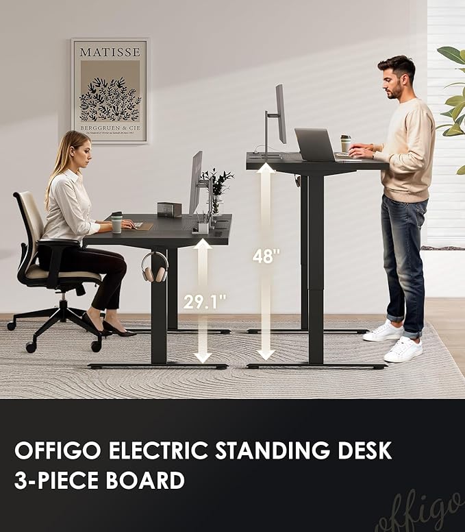 OffiGo Electric Standing Desk with 3-Piece Board, 71 Inch Height Adjustable Large Desk with Power Outlets, Sit Stand Table, Writing Computer Desk for Home, Office, Workstation, Black-DeskLoop Office