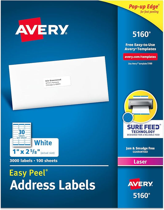 Avery Easy Peel Printable Address Labels with Sure Feed, 1" x 2-5/8" Customizable Stickers, White, 3,000 Blank Mailing Labels, Great for Mailing, Shipping, and More (5160)-DeskLoop Office