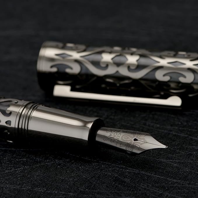 Hongdian D1 Piston Fountain Pen Fine Soft Nib, Jet Black Hollow Skeleton & Resin Pen with Metal Case Set-DeskLoop Office