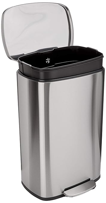 Amazon Basics Smudge Resistant Rectangular Trash Can With Soft-Close Foot Pedal, Brushed Stainless Steel, 50 Liter/13.2 Gallon, Satin Nickel Finish, 16.7"L x 14.7"W x 25.9"H-DeskLoop Office