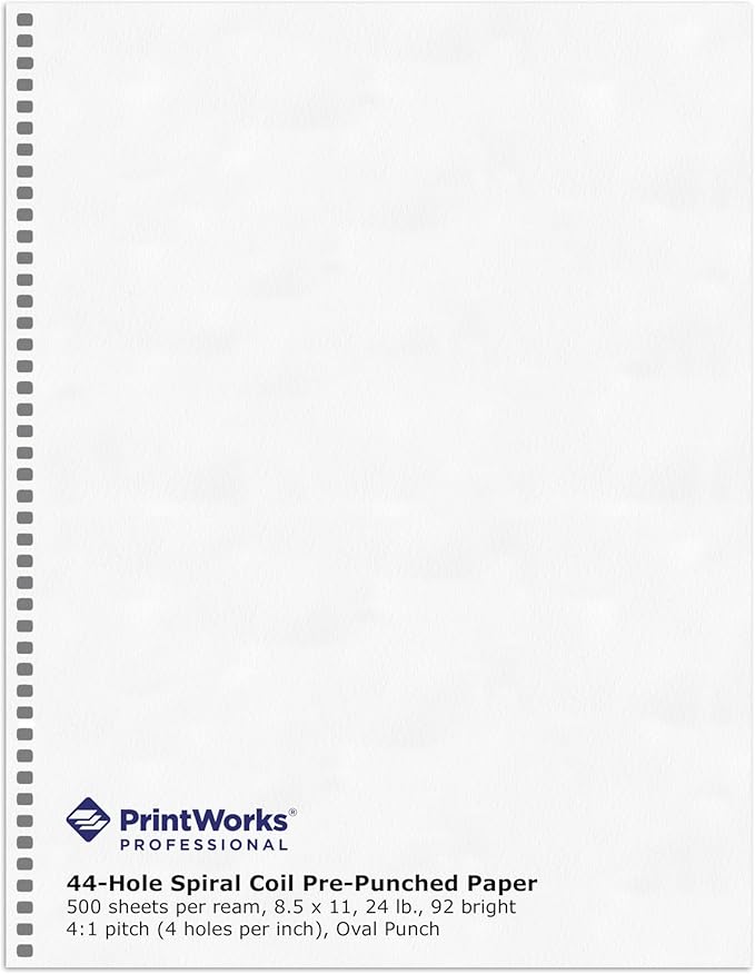 PrintWorks Professional Pre-Punched Spiral Binding Paper - 44-Hole (4:1 Pitch Hole Punch) - Book Binding Printer Paper - Made in the USA - 500 Sheets - 8.5" x 11" - 24 lb - 92 Bright White (04147)-DeskLoop Office