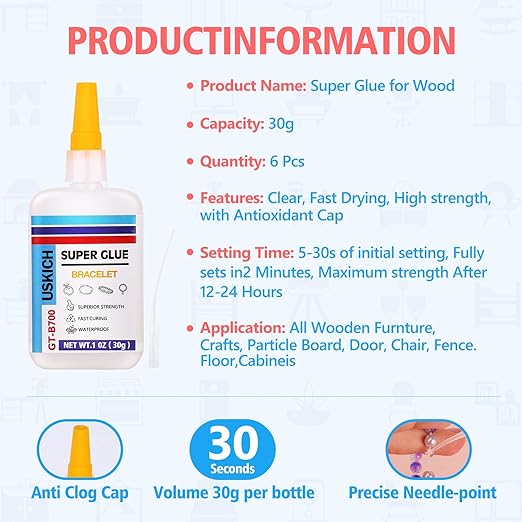 Super Glue for Jewelry Bracelet with Anti Clog Cap. 6 X 1 Fl Oz,Ca Glue - Adhesive Clear Glue for Bracelets,Necklaces,Clay Beads, Bead Charms, Punctuation Beads,Heishi Beads,Quick Dry-DeskLoop Office