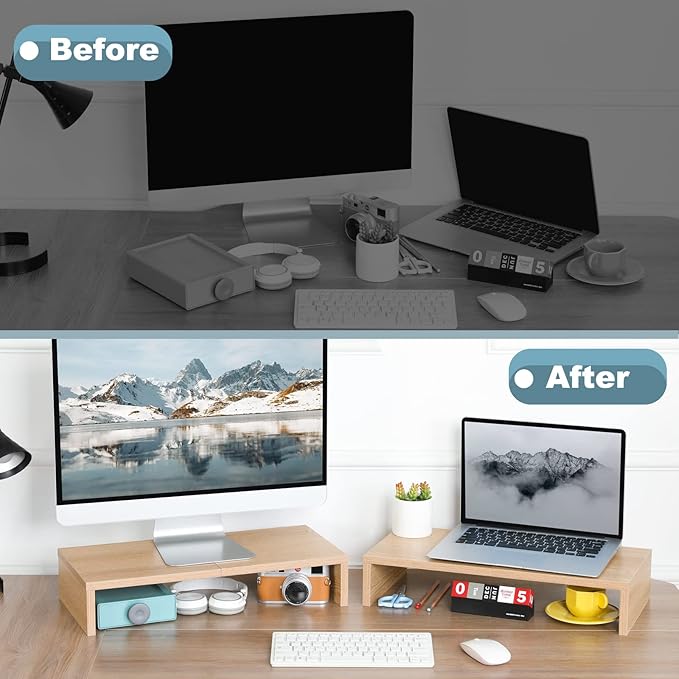 TEAMIX 2 Pack Monitor Stand Riser-20 inch, Wooden Desktop Riser for TV/PC/Laptop/Printer, Cozy Monitor Riser with Storage, Computer Stand Space-Saving-DeskLoop Office