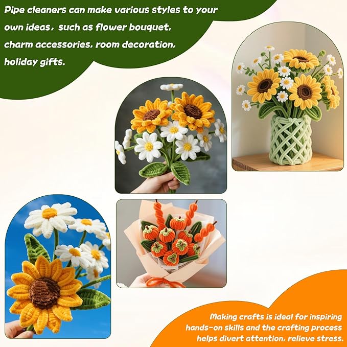 400 Pieces Craft Pipe Cleaners Bulk,Floral Stems for Pipe Cleaner Flowers with Floral Wires, Gardening Tape,Hot Glue Stick,Greeting Card,Bouquet Paper, Stamen & Ribbon,Festival Gifts for Kid,Adult-DeskLoop Office