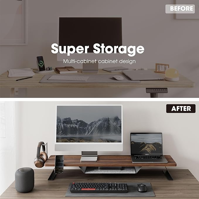 Fenge Dual Monitor Stand, 42.5 Inch Monitor Riser for Desk, Wood Desk Shelf for 2 Monitors, 2 Tier Monitor Shelf with Headphone Stand & Phone Holder-DeskLoop Office