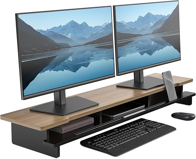 Monitor Stand Dual Monitor Stand Riser for Desk,Wood Desk Shelf Storage Organizer with Phone Tablet Holder (42.5 Inch, Black & Dark Bamboo)-DeskLoop Office