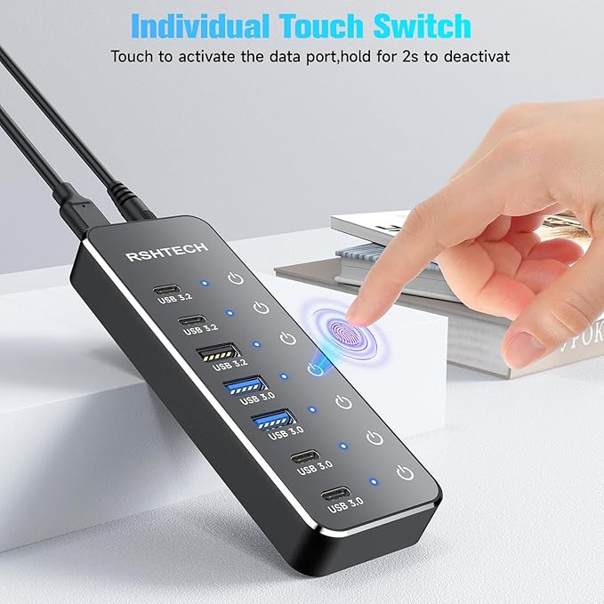 RSHTECH 7-Port Powered USB 3.2/USB-C Hub Splitter with 3 x 10Gbps USB-3.2 Ports (2C + 1A),4 USB-3.0 Ports (2C + 2A), 3.3ft Cable, Touch Switches, and 5V Power Adapter for Laptop PC-DeskLoop Office