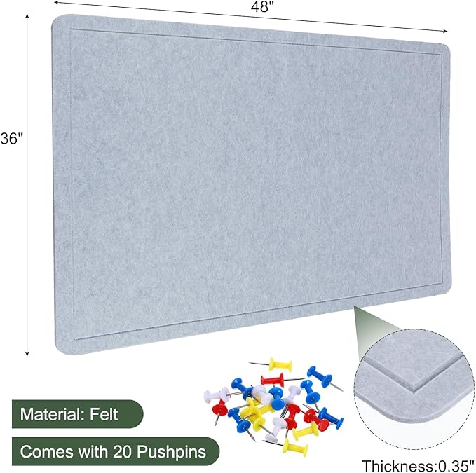 YOKIVE Felt Bulletin Board, 48 x 36 -Inch Foldable Decorative Pin Board Self Adhesive Felt Cork Board with 20 Pushpins, Great for Wall, Photo Display, Paste Note, Schedule(Light Gray)-DeskLoop Office