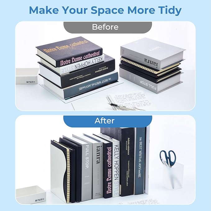 M&G Adjustable Bookends Book Ends for Shelves, Metal Bookend for Heavy Books, Desk Magazine File Organizer Holder Extends up to 20in, Book Stopper for Home, Office, Classroom (White)-DeskLoop Office
