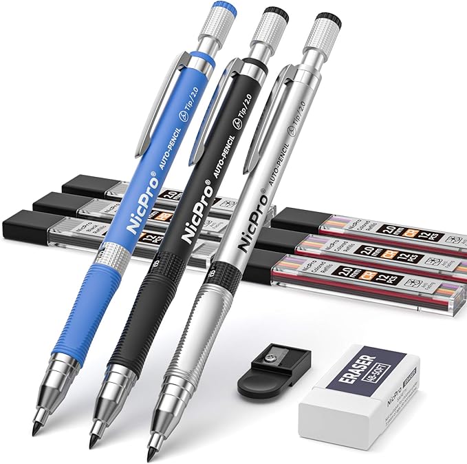Nicpro 11 Pieces Colors 2mm Mechanical Pencil Set, 3 PCS Carpenter Drafting Pencil 2.0 mm for Art Drawing Writing Sketching Construction with 6 Tube Pre-Sharpen 2B & Color Refill, Eraser, Sharpener-DeskLoop Office