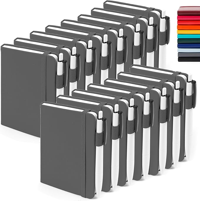 feela 15 Pack Pocket Small Notebooks Bulk, Mini Cute Notepads Hardcover College Ruled Lined Journals with Pen Holder for School Business Memos, with 15 Black Pens, 3.5”x 5.5”, A6, Gray-DeskLoop Office