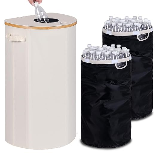 Efluky Recycling Bin 100L, 26 Gallon, Beige, D-Shaped, Oxford Fabric, 17.32"L x 12.9"W x 11.46"H, 2 Removable Inner Bags, Lightweight, Open-Top, Cycling, Kitchen-DeskLoop Office