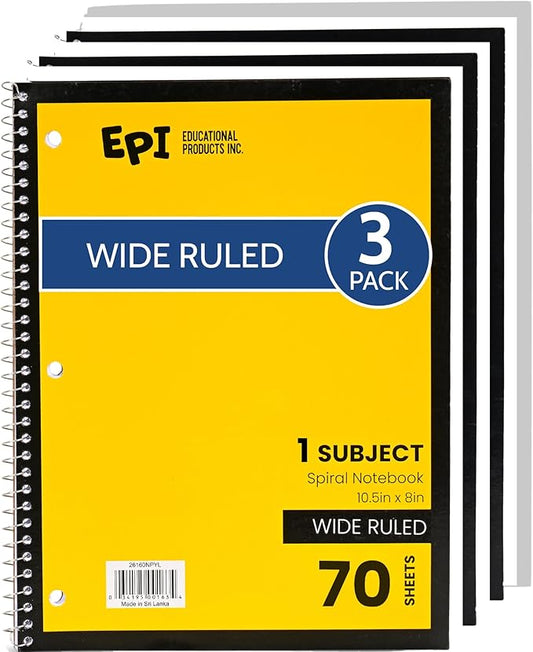 EPI Spiral Notebook | Wide - 70 Sheets, Durable Spiral Binding | 10.5 x 8 in | Classroom Supplies | School, Office, Note Taking, Journaling - 3 Pack-DeskLoop Office