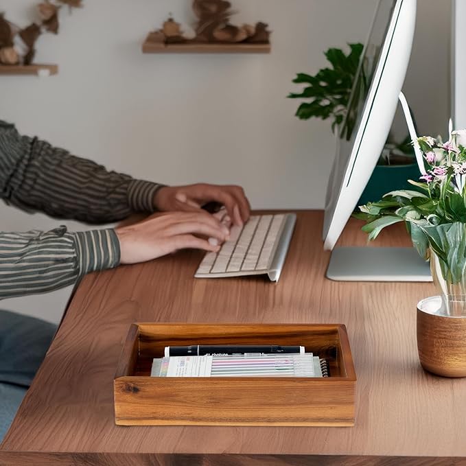 Demigo Acacia Wood Desk Organizer Tray - 9.5x6.7x2 Inch Letter & Stationery Holder for Office, Entryway, Desktop - Natural Wood Catchall for Pens, Mail, Keys-DeskLoop Office