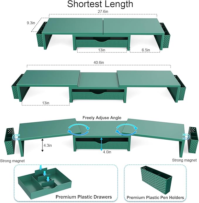 gianotter Dual Monitor Stand Riser, Desk Organizer With Drawer and 2 Pen Holders, Monitor Stand for Desk, Office Decor Essentials (Green)-DeskLoop Office