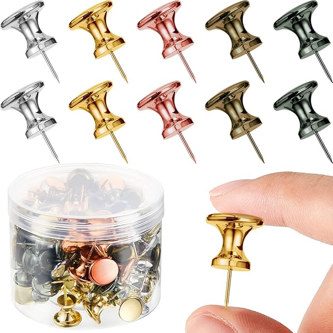 Outus 100 Pcs Giant Push Pins Large Thumb Tacks Plastic Heads 1 Inch Jumbo Push Pins for Cork Board Map Posters Office School(Gold, Silver, Bronze, Rose Gold, Gray)-DeskLoop Office