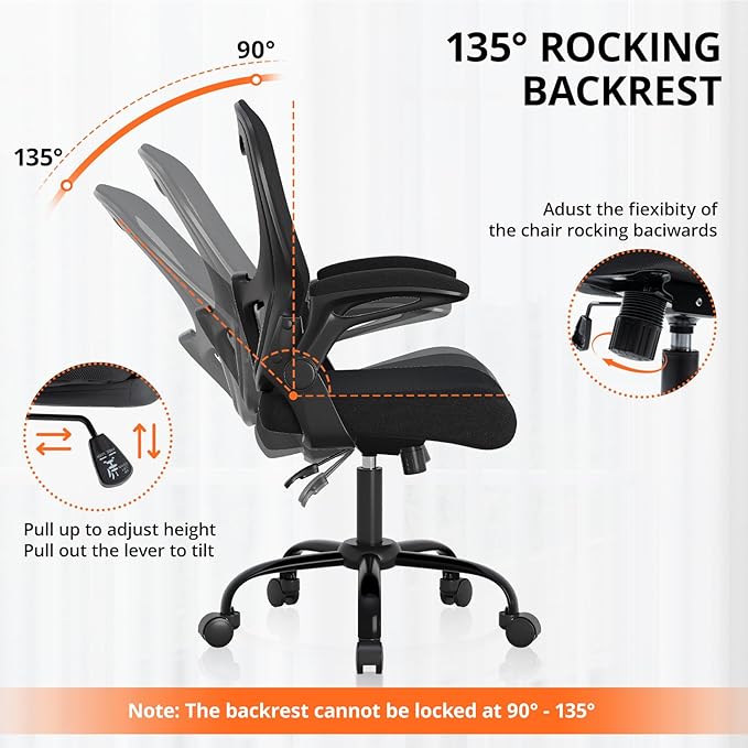 Office Chair, Ergonomic Desk Chair Breathable Mesh Chair with Adjustable High Back Lumbar Support Flip-up Armrests, Long Hours Comfortable Computer Chair for Home Office, Black-DeskLoop Office