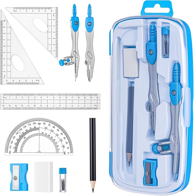 Zonon Math Geometry Set 10 Pcs Student Supplies with Shatterproof Storage Box, Includes Rulers Protractor Compass Pencil Sharpener Lead Refills Eraser Pencil for Drafting and Drawings(Blue)-DeskLoop Office
