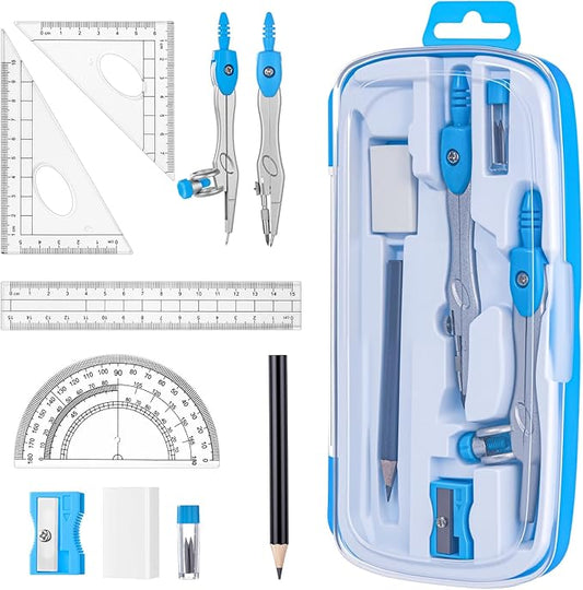 Zonon Math Geometry Set 10 Pcs Student Supplies with Shatterproof Storage Box, Includes Rulers Protractor Compass Pencil Sharpener Lead Refills Eraser Pencil for Drafting and Drawings(Blue)-DeskLoop Office