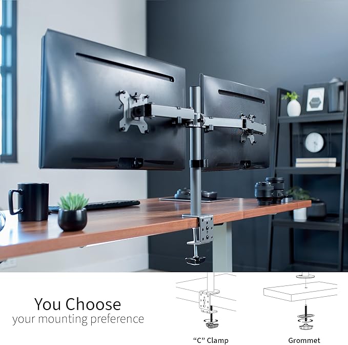 VIVO Dual Monitor Desk Mount, Heavy Duty Fully Adjustable Steel Stand, Holds 2 Computer Screens up to 30 inches and Max 22lbs Each, Gray Color, STAND-V002-GY-DeskLoop Office
